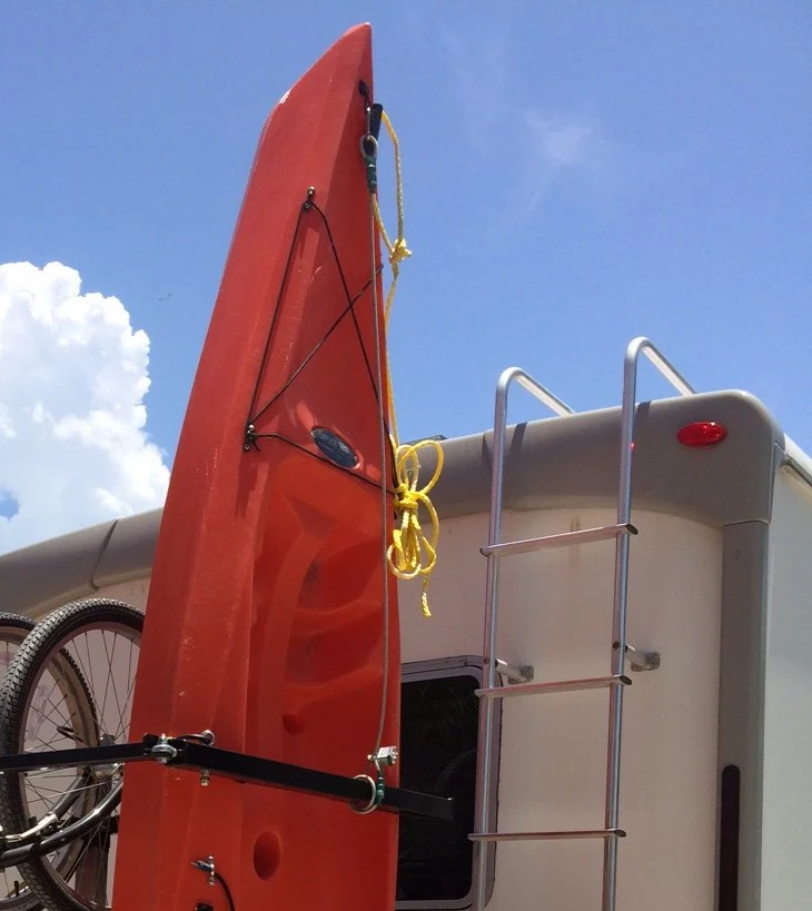 SAVE $300 until 3/18/26 from price below! Yakups®  RV Kayak & Bike Racks  KR2B56 MOTORHOME & FIFTH WHEEL Fits Electric Bikes & or WATERCRAFTS  up to 32" wide & 12' long,  Bike rack is included.. - Image 4